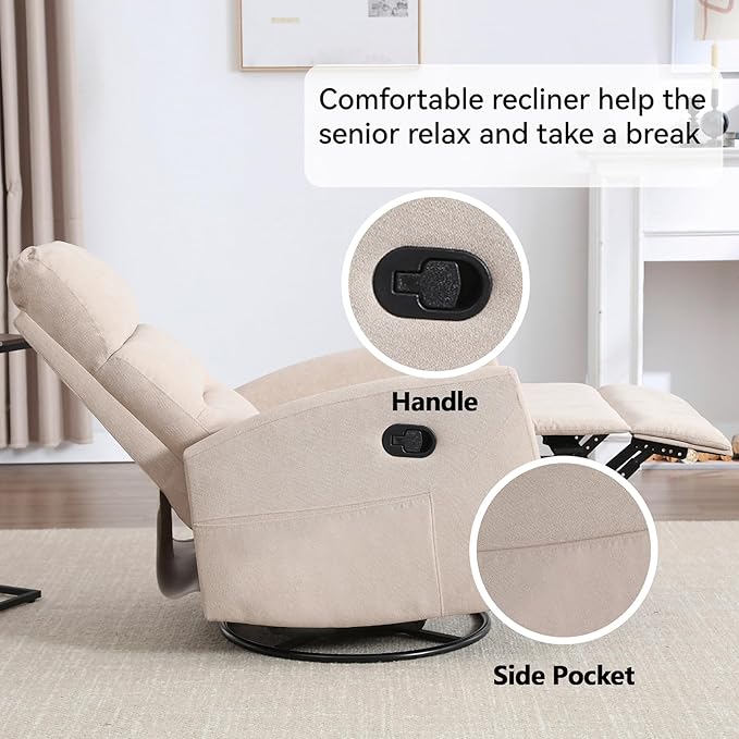 Slim Lazy Boy Recliners for for Adults Swivel Rocking Chair Recliner with High Back Small Recliner Chair for Small Spaces Manual Reclining Chair for Living Room Adjustable Footrest (Beige)