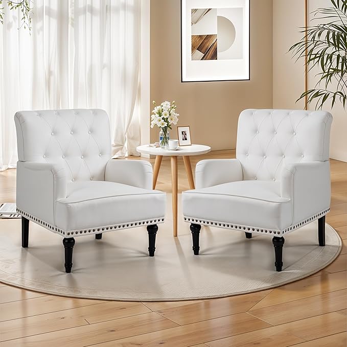 MOJAY Modern PU Leather Accent Chair Set of 2 Mid-Century Living Room Lounge Club Chair with Rivet Trim Single Sofa Reading Arm Chair for Bedroom Home Office Study Lounges(White)