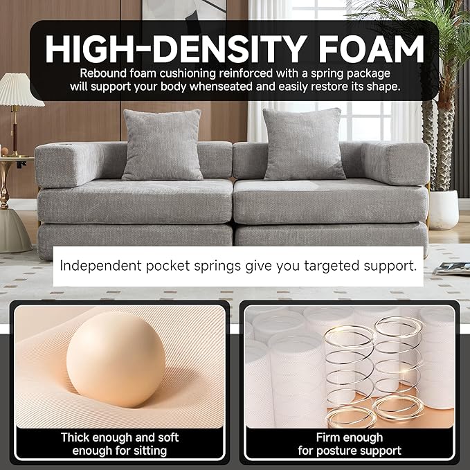 Convertible Sleeper Sofa Bed – 77'' 3-Seater Futon Couch with Corduroy Upholstery Pull-Out Floor Bed High-Density Foam No Assembly Perfect for Living Room Bedroom Apartment Studio (Beige)