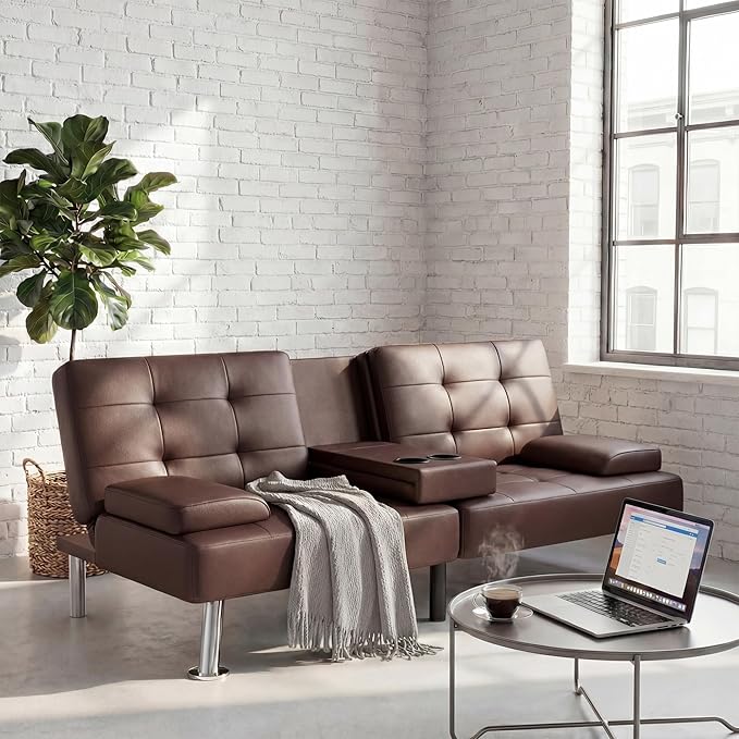 YESHOMY Modern Futon Sofa Bed Convertible Futon Couch with Adjustable Backrest Futon Loveseat Sleeper Sofa Bed with Armrest for Living Room Small SpacesPU Leather Brown