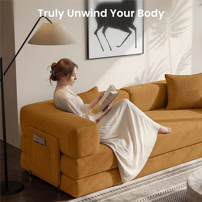 Convertible Floor Sofa Couch | 98.4’’ Folding Futon Sofa with Storage Pocket Oversized Corduroy Loveseat Sleeper Sofa with Pull Out Bed Modular Sectional Sofa for Apartment | Yellow