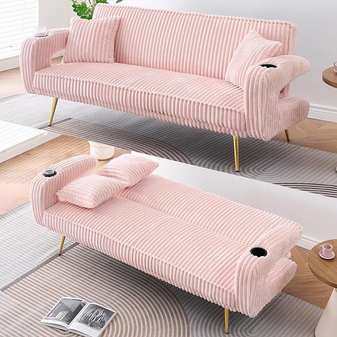 70 Beige Futon Couch Bed Sofa Comfortable Futon Loveseat with Cupholders &amp Arms Convertible Fouton Sofas with Adjustable Backrest &amp Pockets for Small Spaces Living Room Bedroom Dorm (Pink)