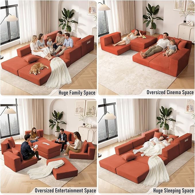 102 Upgraded L-shaped Modular Sectional Couches for Living Room Convertible Oversized Sleeper Sofa Bed-Luxury 1.5 Queen Bed. 11-in-1 Multifunctional Corduroy Boneless Folding Futon Couch Orange.