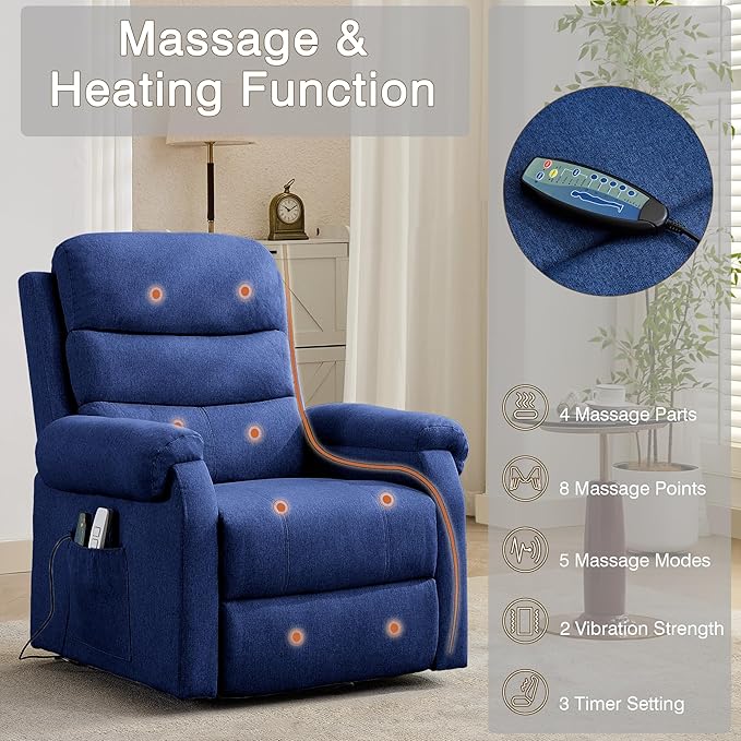 Power Lift Recliner Chair Recliners for Elderly with Heat and Massage Recliner Chair for Living Room with Infinite Position and Side Pocket USB Charge Port (Dark Blue)