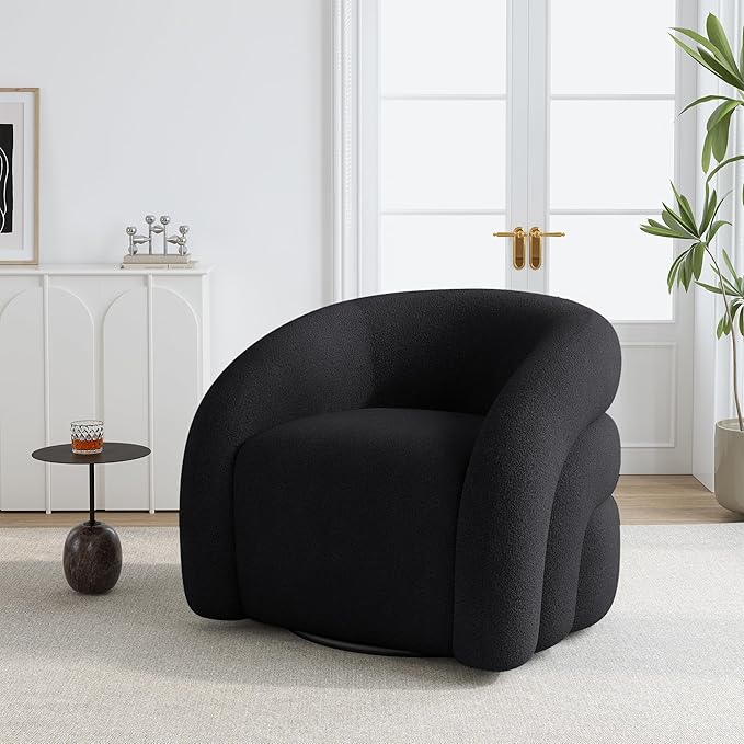 Boucle Swivel Accent Chair No Assembly Small Comfy Round Barrel Armchair for Living Room Bedroom Reading Waiting Room (Black Set of 2)