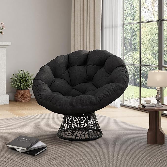 Garvee Papasan Chair 37 Ergonomic Wicker Papasan Chair with Extra-Thick Soft Fabric Cushion Heavy-Duty Steel Frame 360° Swivel Base for Living Room Bedroom &amp Reading Nook – All Black