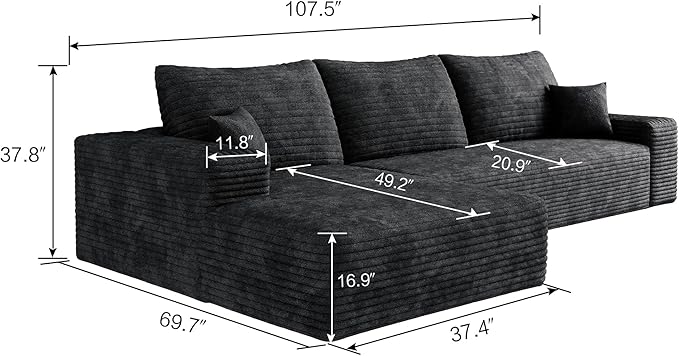 Ball &amp Cast 107 Cloud Sectional Couch with L-Shape ChaisePlush Corduroy Boneless Modular Sofa with Deep SeatUpholstered Couches for Living Room BedroomNo Assembly RequiredBlack(Left Facing)