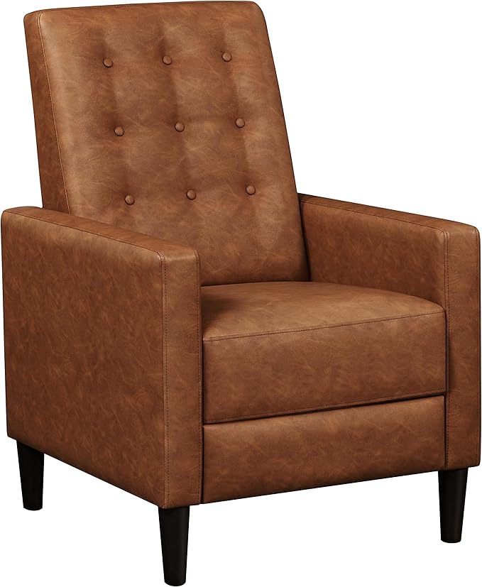 Topeakmart Faux Leather Recliner Sofa Mid-Century Modern Single Reclining Chair Adjustable Back &amp Footrest Tufted Upholstered Sofa with Pocket Spring Living Room Bedroom Home Theater Brown