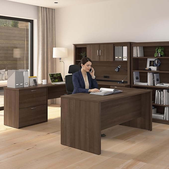 Bestar Logan 66W U or L-Shaped Executive Office Desk with Pedestal and Hutch in Antigua