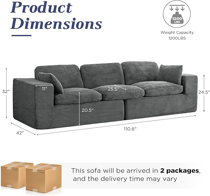 Esright 110 Oversized Sofa for Living Room Cloud Boneless Couch with Fluffy Seat Cushions 3 Seater Upholstered Floor Sofa No Assembly Required Grey