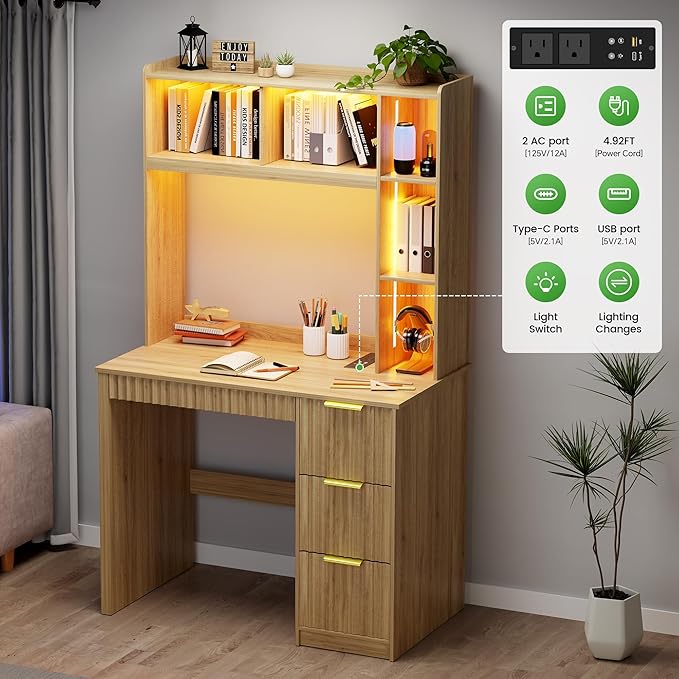 HNEBC Home Office Desk with Hutch and Drawers - 39 Standing Computer Desk with Charging Station&amp3 Color LightsHidden Compartment &amp Fluted Panel Design LED Writing Desk for Bedroom Study (N