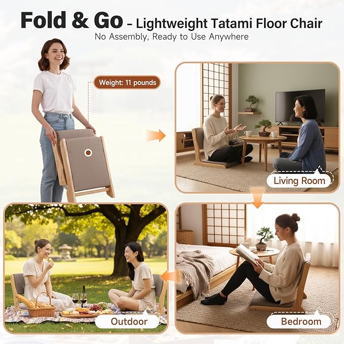 Tiita Floor Chair with Back Support Foldable Meditation Tatami Chairs Backrest Chair with Cushion Living Room Chair Seat 4 Pack Wood Grey