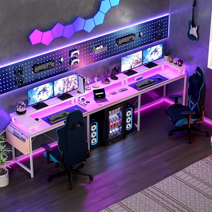GAOMON U Shaped Home Office DeskReversible l Shaped Gaming Computer Desk with Power Outlets LED StripStorage ShelvesStorage Bag and Hooks for Home OfficePink