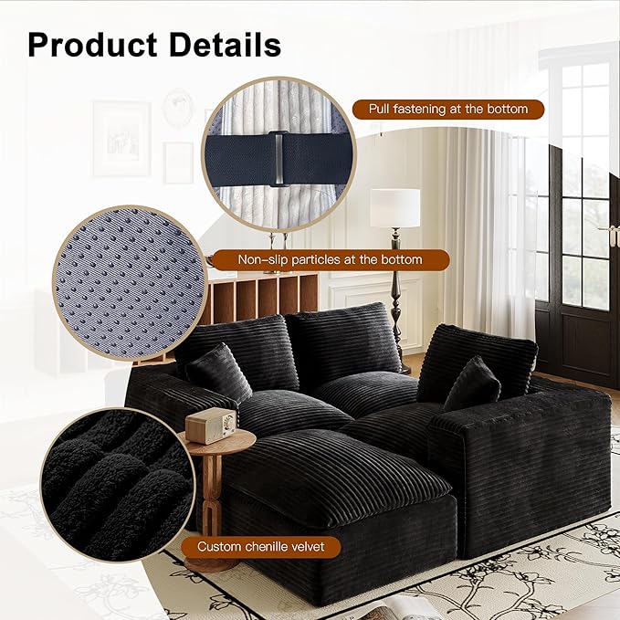 108'' Modular Sectional Sofa with Ottoman Corduroy Cloud Sectional Couches for Living Room High-Back Modern L Shaped Boneless Couch Deep Seat 3 Seater Sofa No Assembly Required Black