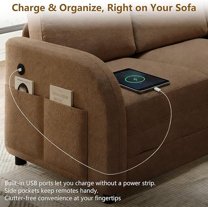 GNIXUU 85.1 L Shaped Couch with Pull Out Bed Convertible Sectional Sleeper Sofa with USB Port &amp Side Pockets 5 Seat Oversized Modular Teddy Cloud Couches for Living Room Apartment Brown