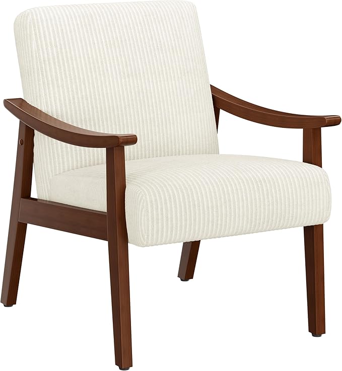 Yaheetech Corduroy Accent Chair Mid-Century Modern Armchair with Solid Wood Legs Reading Leisure Chair with High Back for Living Room Bedroom Waiting Room Beige
