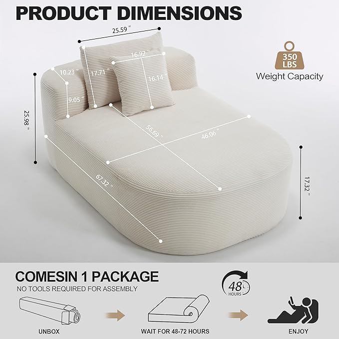 Boneless CouchComfy Fluffy Sofa BedUpholstered Sleeper Sofa with Throw Pillows and ArmrestsCorduroy Plush Cloud Lounge Chair (Beige 67 Chaise Lounge Chair)
