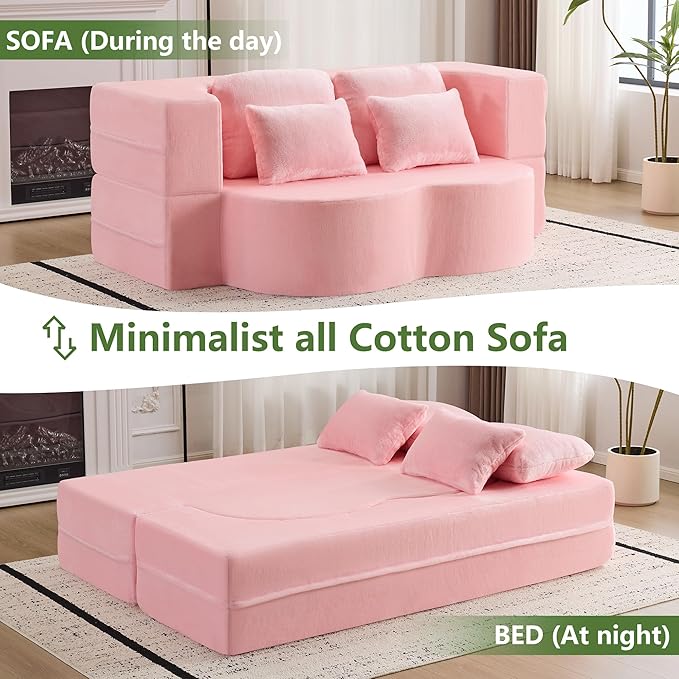 JOYBASE 78in Sofa Couch Convertible Oversized Cloud Loveseat Minimalist Sleeper Sofa Bed for Living Room Apartment Office No Assembly Required (Light Pink)