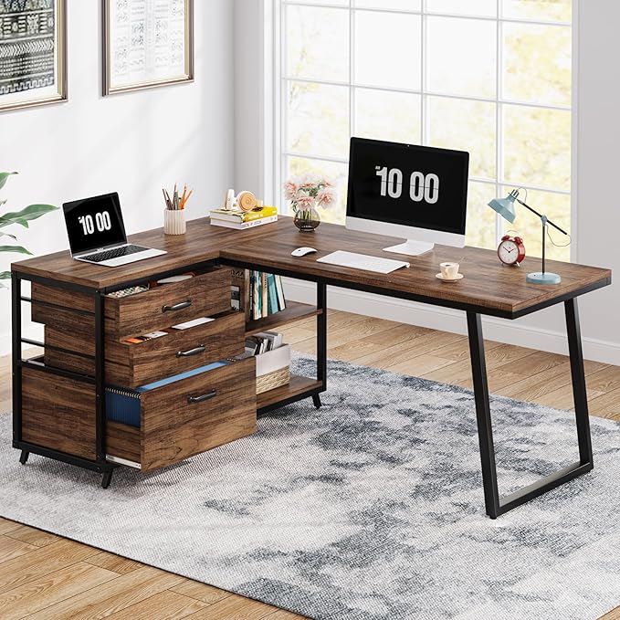 Tribesigns L-Shaped Computer Desk with 3 Drawers Reversible Corner Home Office Desk with Shelves 53-Inch Industrial PC Desk Study Writing Table Workstation for Small Space Rustic Brown