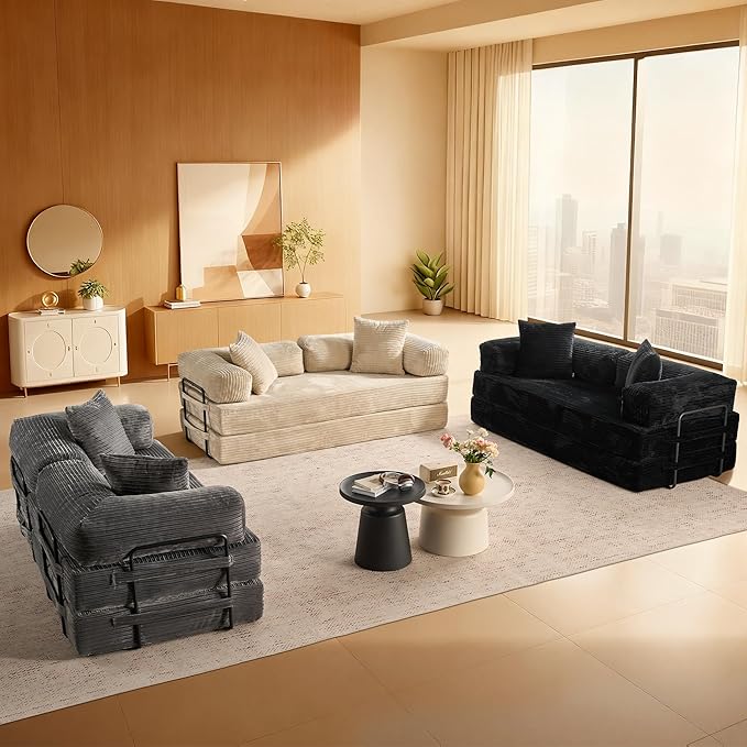 ovios 81 Folding Sofa Bed Foldable Sleeper Boneless Couch with Pull Out Beds Modular Convertible Floor Futon Loveseat Lounger for Living Room (Corduroy Beige)