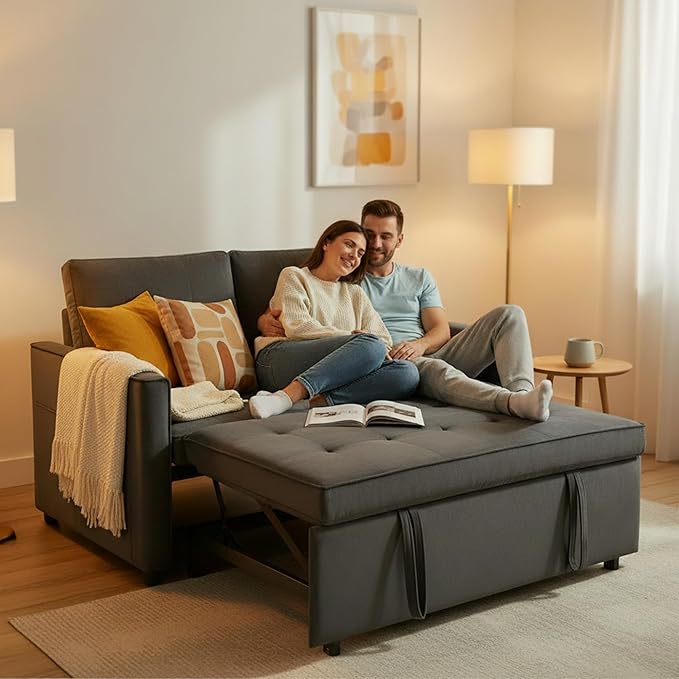 Sofa Bed Pull Out Couch with Side Pockets 3 in 1 Velvet Fabric Loveseat Sleeper Sofa Bed Pull Out Couch with Adjustable Backrest for Living Room Bedroom Apartment Gray 53 Inch