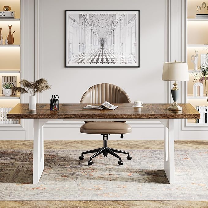 Tribesigns 70.86-Inch Executive Desk Large Computer Office Desk with Double Wood Pedestal Modern Simple Style Rectangle Writing Table for Home Office (Brown &amp White)