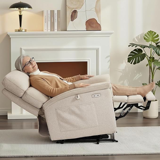 MCombo Power Lift Recliner Chair with Massage and Dual Heating Adjustable Headrest Extended Footrest for Elderly People Fabric R7605 (Beige)