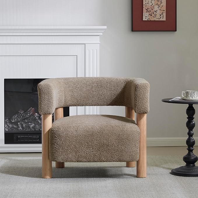 Christopher Knight Home Carly Low Profile Accent Chair Round Backrest Side Chair Living Room Armchair with Boucle Fabric CushionComfy Reading Chair for BedroomWooden Single Lounge SofaLight Camel