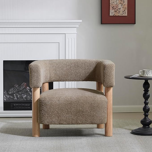 Christopher Knight Home Carly Low Profile Accent Chair Round Backrest Side Chair Living Room Armchair with Boucle Fabric CushionComfy Reading Chair for BedroomWooden Single Lounge SofaLight Camel