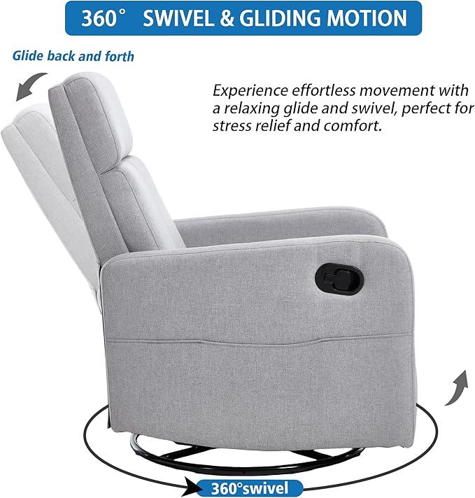Swivel Rocking Recliner Chair for Adults Upholstered Fabric Glider Recliner Reclining Chair with Side Pockets and Double-Thick Cushion for Living Room Bedroom Nursery(LightGrey)