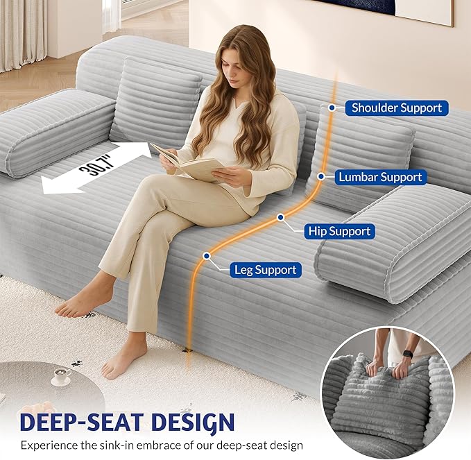 78.7 Queen Convertible Sofa Bed 2-in-1 Corduroy Folding Floor Couch with 3 Pillows Sleeper Sofa for Living Room and Bedroom No Assembly Required (Light Grey)