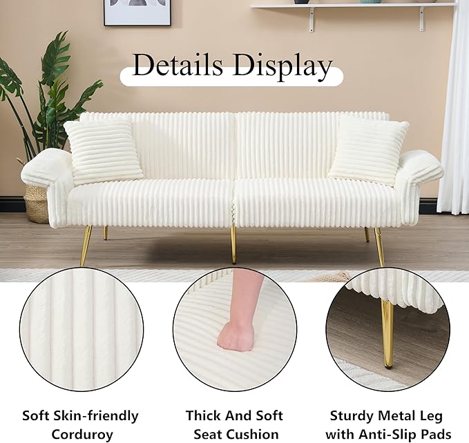Convertible Sofa Bed Futon Couch Bed with Adjustable Arms and Backrest Modern Love Sofa with Gold Metal Legs for Living Room Bedroom (Corduroy Fabric in Cream White 79Wx29.33Dx27.6H)