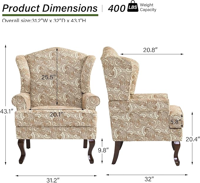 Accent Chair High Back Upholstered Armchair with High Resilience Sponge &amp Wood Legs Mid-Century Modern Comfy Single Sofa Reading Chairs for Living Room Bedroom - Paisley Sand Set of 1