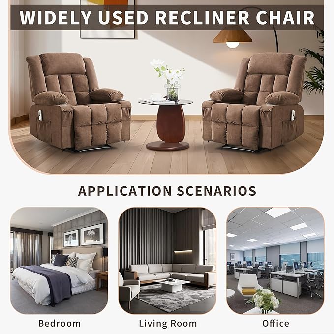 Recliner Chair for Living Room Chairs with Massage and Heat Glider Chair for Adults Wide Comfy Couch with Side Pockets and Cup Holder Single Sofa for Bedroom