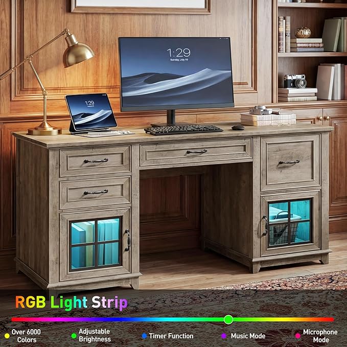 58 Farmhouse Executive Desk with Drawers LED Light Computer Desk with Drawers and File Cabinet Wooden Home Office Desk with Charging Station Workspace for Writing Greige