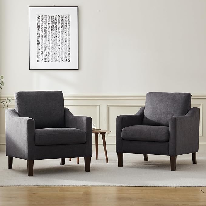 VKNOW Mid Century Modern Accent Chair Upholstered Living Room Chairs Armchair for Bedroom Comfy Reading Accent Chairs with Wood Legs for Living Room (1 Dark Grey)