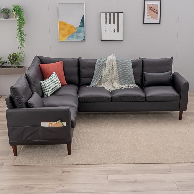 Panana 6 Seater Corneer Sofa 3 Seater &amp 2 Seater L Shaped Couchwith Curved Armrest Pockeys Solid Wood Legs Sectional Setee (Black Faux Leather 6 Seater L Shape Corner Sofa)