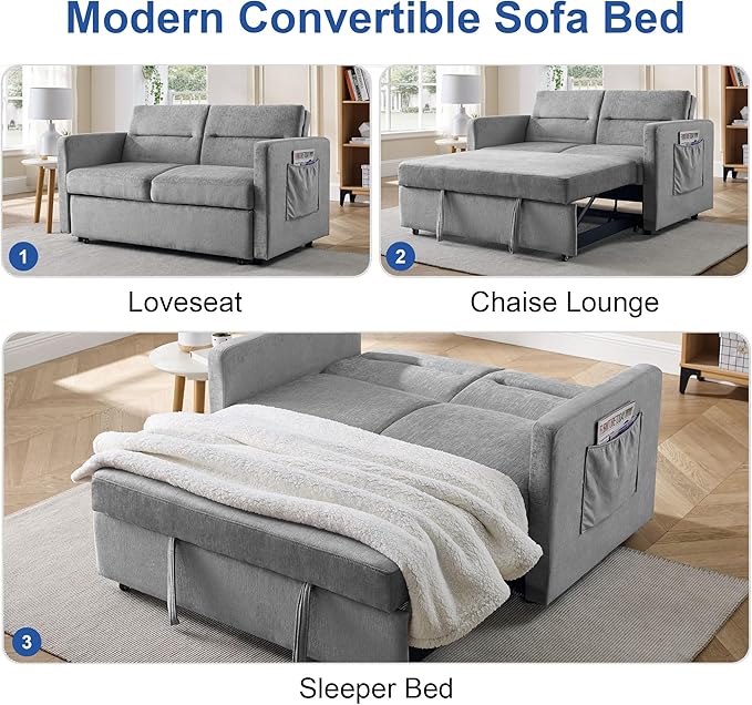 Loveseat Sleeper Sofa Bed Pull Out Couch Comfortable Chenille Fabric Adjustable Backrest Resilient Sponge Cushions Sturdy Wood Frame Side Storage Pockets Grey