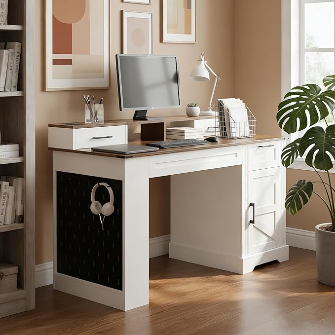 55 Farmhouse Home Office Executive Computer Desk with USB Drawer and Monitor Stand Large Ergonomic Writing Gaming Desk Table with Kyboard Peg Board Storgae Cabinet(White)