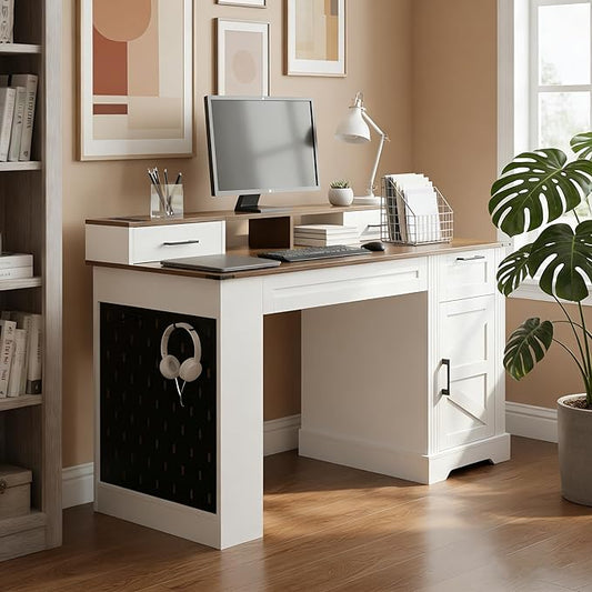55 Farmhouse Home Office Executive Computer Desk with USB Drawer and Monitor Stand Large Ergonomic Writing Gaming Desk Table with Kyboard Peg Board Storgae Cabinet(White)