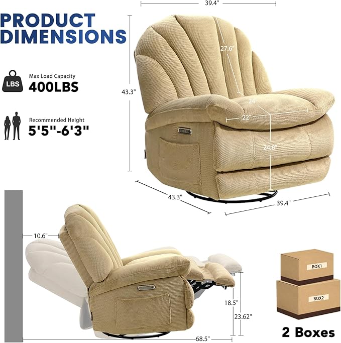 EONIX Dual Motor Power Swivel Rocking Recliner Chair for Living Room Armless Oversized Shell Shape Lazy Boy Rocker Recliner Plush Fabric Thickened Cushion Elevated Soft and Comfort Beige
