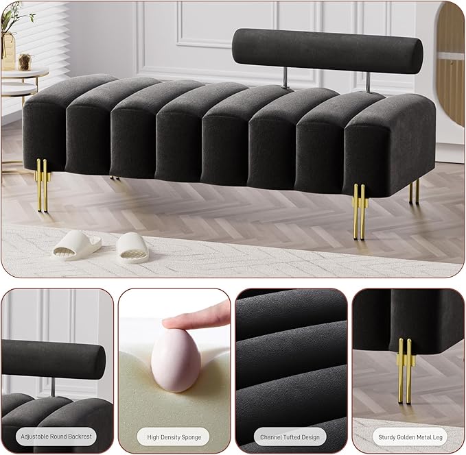 Small Loveseat Sofa Couch 52.2 Upholstered Velvet Mini Couch with Golden Legs Channel Tufted 2 Seat Sofa Bench Adjustable Back for Living Room Bedroom Office Black