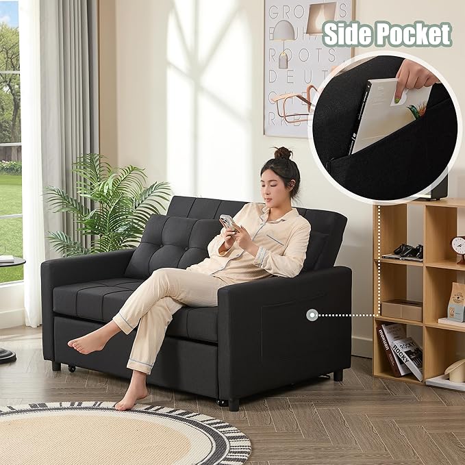 52 Sleeper Sofa with Pull-Out Bed 3-in-1 Convertible Sofa Bed Set of Loveseat with Stepless Adjustable Backrest and Side Pocket for Living Room Dorm Apartment Linen Black