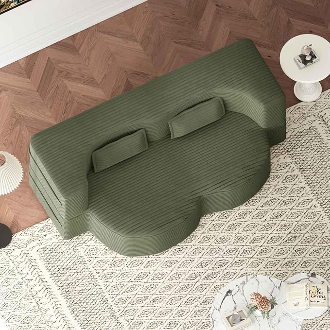 Modern 2-in-1 Convertible Sofa Bed 78 Full Size Corduroy Floor Sofa with 2 Pillows Folding Mattress Sleeper for Living Room &amp Guest Room No Assembly Required
