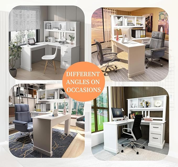 WERSMT Home Office Executive Desks with Drawer Modern Corner Desk with Hutch 60 Large Wood L Shaped Desks with Shelves &amp File Cabinet White