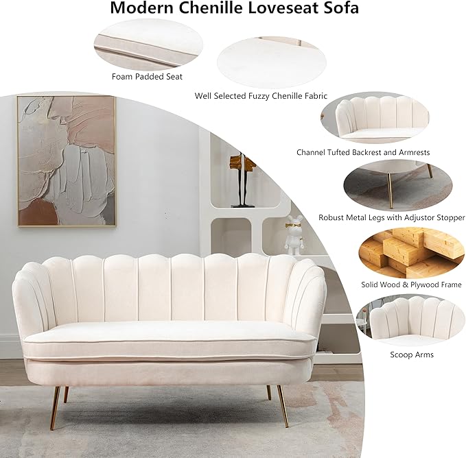 Chenille Small Sofa Couch for Small Spaces Living Room Bedroom59 Loveseat Couches with Gold Metal LegsChannel Tufted 2 Seater Sofas with Curved Back and Arms for ApartmentRV.