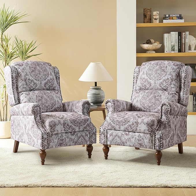 Pushback Recliner Chair Upholstered Floral Fabric Wingback Chair Single Sofa Accent Chair with Lumbar Support and Rivet Decoration for Living Room Bedroom Beige Floral