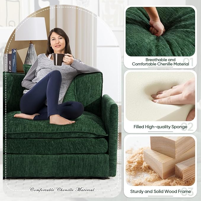 Oversized Accent Chair with Ottoman Modern Cloud Chaise Lounge Chair Indoor with Deep Seat Upholstered Comfy Armchair Reading Chairs Sofa for Bedroom Living Room Apartment Green Chenille