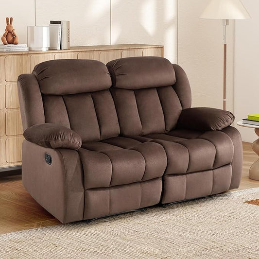 INZOY Manual Loveseat Recliner Sofa with Padded Armrest Wall-Hugger 2 Seat Reclining Love Seat Couches with Overstuffed Back Double Seater Reclining Chair for Living Room Theater Seating Brown