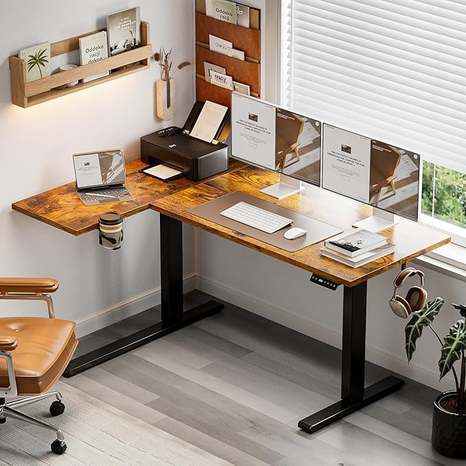 Muvai L Shaped Standing Desk with Cable Management Tray 59 Inch Height Adjustable Electric Standing Corner Desk Sit Stand Up Work Table for Home Office with Reversible Splice Board Rustic Brown
